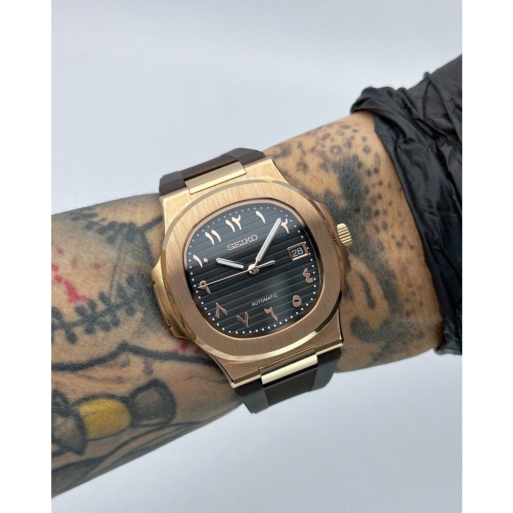 Custom Seiko Mod • Black Rose Gold Arabic Nautilus on Rubber Strap • 40mm